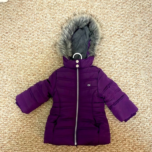 Ck Baby Girls Aerial Longline Faux Fur Hooded Jacket - Picture 1 of 7